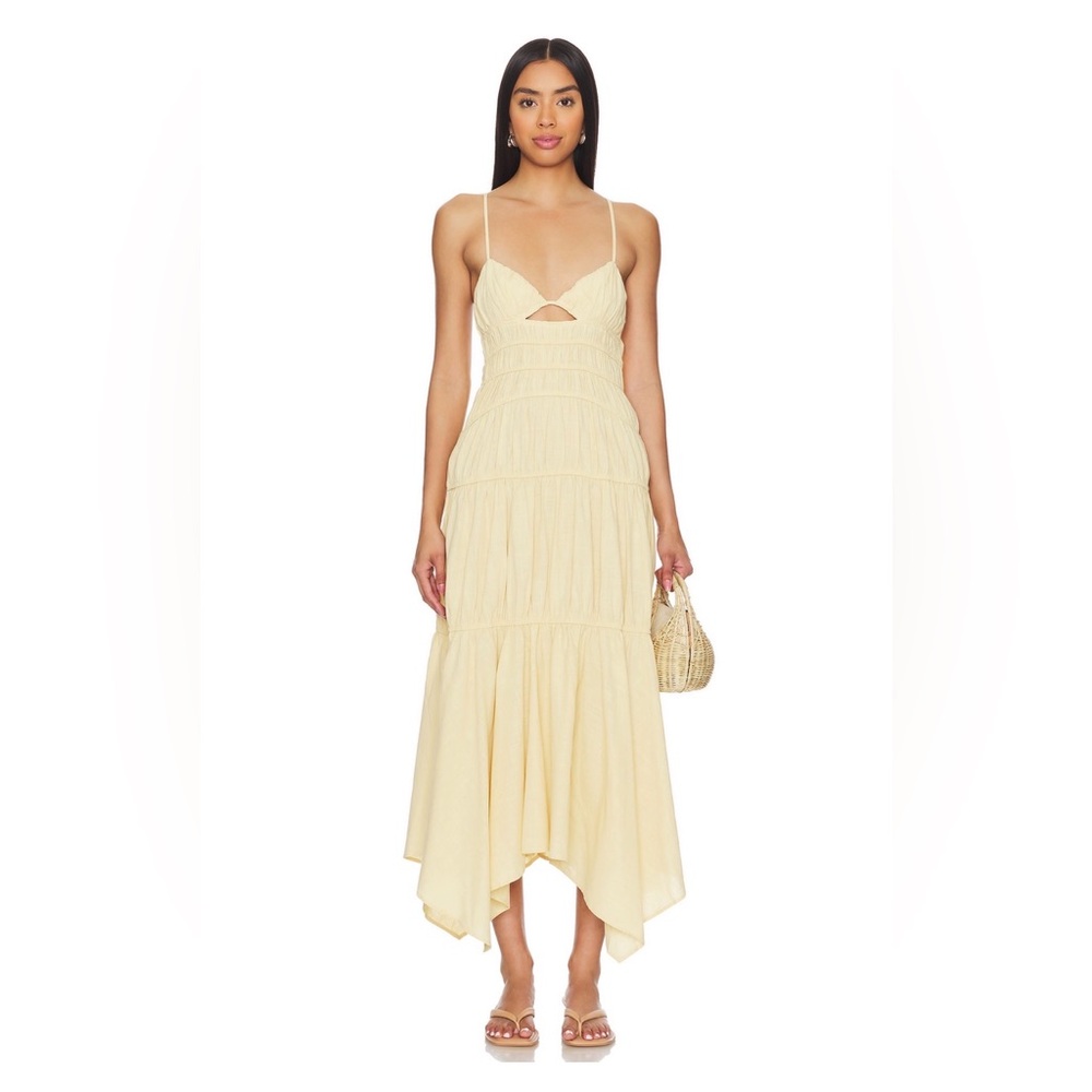 Asymmetrical Spaghetti-Strap Midi Dress in Pale Yellow